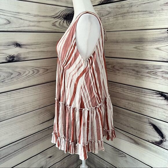 BLUE B White & Rust Striped Low Cut Tiered Flowy Mini Dress Size Small - Picture 10 of 14
